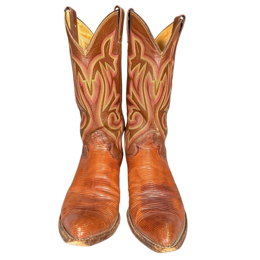 VTG Justin Teju Lizard Cowboy Boots 9.5B Cognac Made in USA K4145 Exotic Western